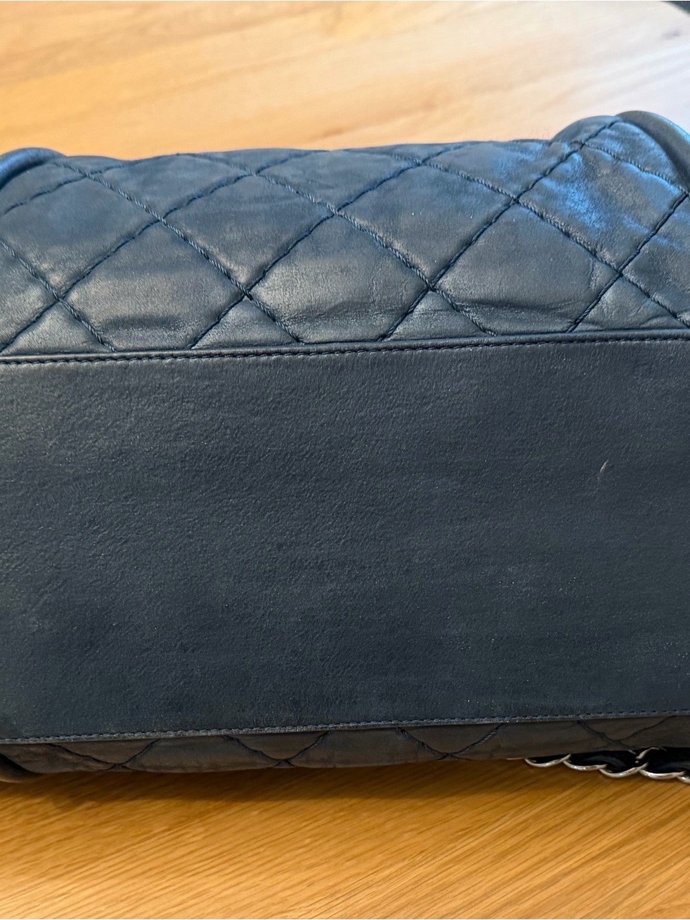 CHANEL Blue Diamond Quilted Leather Bowling Satchel with Chain Strap - Picture 10 of 16